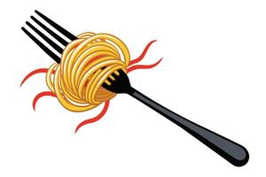 An illustration of a fork with a large portion of spaghetti wound around the tines. vector