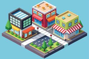 An isometric view shows 3 colorful storefront buildings at a city intersection with small trees and lampposts. White lines mark lanes on the street. vector
