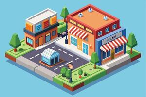 This is an isometric view of a small town street with buildings, awnings, trees, shrubs, and a lamppost, creating a charming scene. vector