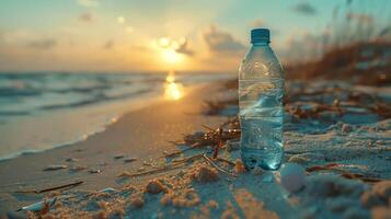 Plastic bottles on the sand at the beach In a form that is erased and obscured The concept of looking at the environment photo