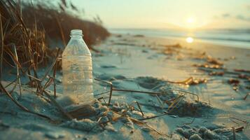 Plastic bottles on the sand at the beach In a form that is erased and obscured The concept of looking at the environment photo