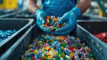 Hand holding plastic scraps for processing plastic recycling photo