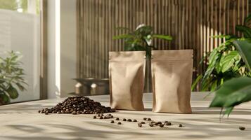 Two coffee bags for simulating coffee beans, earth tones, on a wooden table. photo