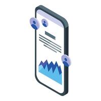 Isometric smartphone showing crm app interface with growing statistics and user icons vector