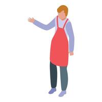 Supermarket worker wearing a red apron is gesturing with his hand vector