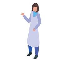 Female scientist wearing lab coat making presentation gesture vector