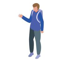 Young man with backpack standing and pointing with hand isometric icon vector