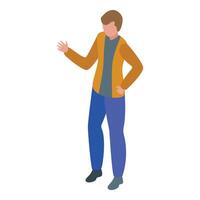 Young man explaining pointing with hand showing something isometric 3d icon vector