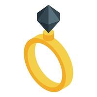 Golden ring with black diamond shining brightly isometric icon vector