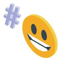 Big yellow emoji showing teeth and smiling near hashtag symbol vector