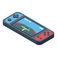 Portable game console showing racing game on screen vector