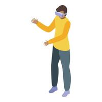 Young man using virtual reality glasses is interacting with something while experiencing metaverse vector