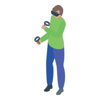 Gamer using virtual reality glasses and controllers is playing a vr game vector