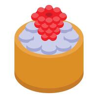 Delicious round cake decorated with whipped cream and raspberries vector
