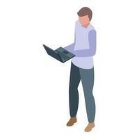 Young man standing is using laptop computer for work on internet vector