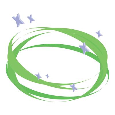 Green wavy lines creating round frame with purple stars