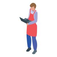 Online grocery store worker using laptop managing orders vector