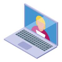 Businesswoman having video call using laptop computer with isometric view vector
