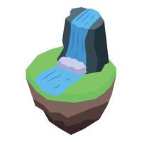 Blue waterfall cascading from cliff on floating island in isometric view vector