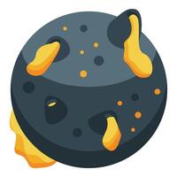 Grey planet with craters and yellow lava erupting from volcanoes vector