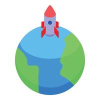 Spaceship rocket taking off leaving earth planet for space travel vector