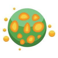 Green planet surrounded by yellow particles floating in space vector