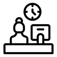 Bank clerk working with computer and clock showing business hours vector