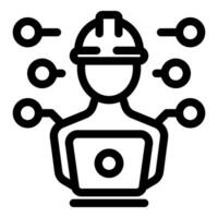 Construction manager managing project online with laptop and connected devices icon vector