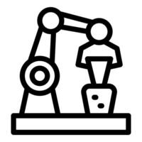 Robotic arm holding man working on microchip production line vector