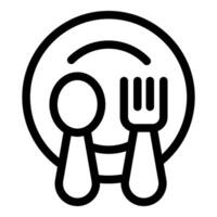 Spoon and fork lying on plate icon representing eating vector