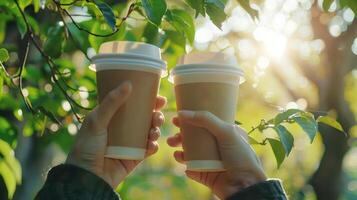 Two hands holding a takeaway coffee cup. The background is blurry but conveys a natural outdoor atmosphere with lush greenery. photo