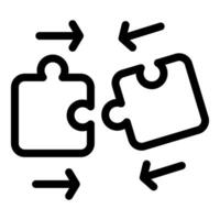 Two puzzle pieces connecting with arrows showing different directions vector