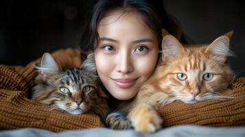 Asian woman playing with her dog and cat in photo studio white background.