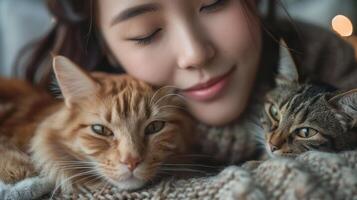 Asian woman playing with her dog and cat in photo studio white background.