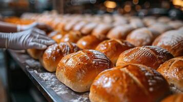 Female worker's hands working at a bread factory food industry concept photo