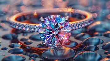 A diamond ring reflecting rainbow colors, illustrating its exceptional clarity and cut. photo