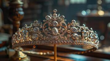 Diamond crown on display stand Shining gracefully under the soft light photo