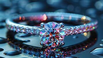 A diamond ring reflecting rainbow colors, illustrating its exceptional clarity and cut. photo