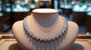 A diamond necklace displayed in a jewelry store, sparkling under the showcase lights. photo