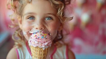 A child licking a melting ice cream cone, with colorful sprinkles and a big smile. photo