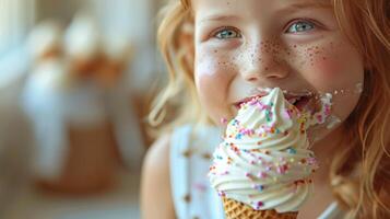A child licking a melting ice cream cone, with colorful sprinkles and a big smile. photo
