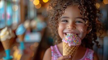 A child licking a melting ice cream cone, with colorful sprinkles and a big smile. photo