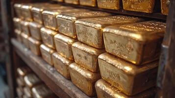 Gold bars are stacked in a vault. Demonstrates safety and stability in investment photo