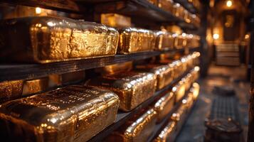 Gold bars are stacked in a vault. Demonstrates safety and stability in investment photo