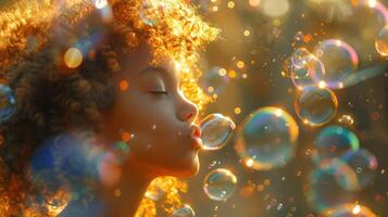 A child blowing bubbles in the backyard, with sunlight creating rainbow reflections in the bubbles. photo