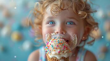 A child licking a melting ice cream cone, with colorful sprinkles and a big smile. photo