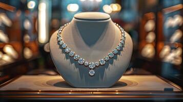 A diamond necklace displayed in a jewelry store, sparkling under the showcase lights. photo