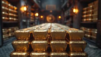 Gold bars are stacked in a vault. Demonstrates safety and stability in investment photo