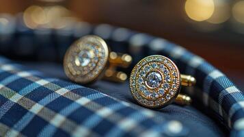A diamond-studded cufflink on a tuxedo shirt, adding a touch of sophistication. photo