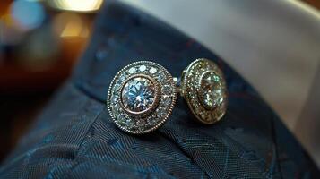 A diamond-studded cufflink on a tuxedo shirt, adding a touch of sophistication. photo